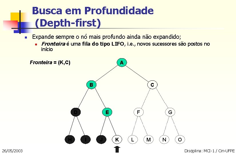 Busca em Profundidade (Depth-first) n Expande sempre o nó mais profundo ainda não expandido;