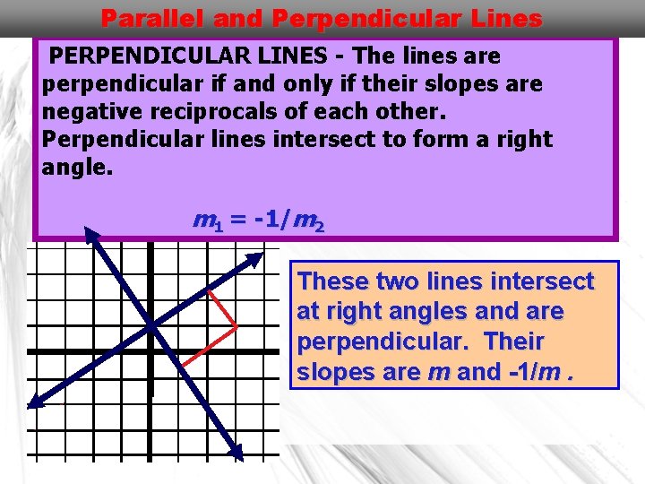 Parallel and Perpendicular Lines PERPENDICULAR LINES - The lines are perpendicular if and only
