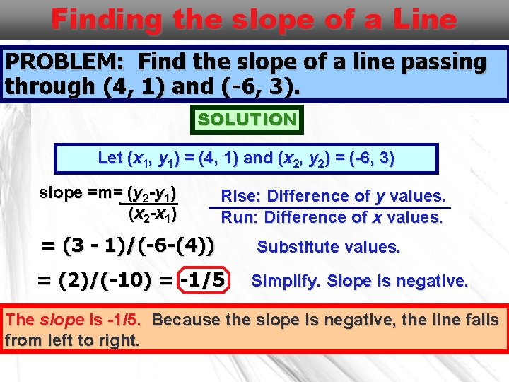 Finding the slope of a Line PROBLEM: Find the slope of a line passing