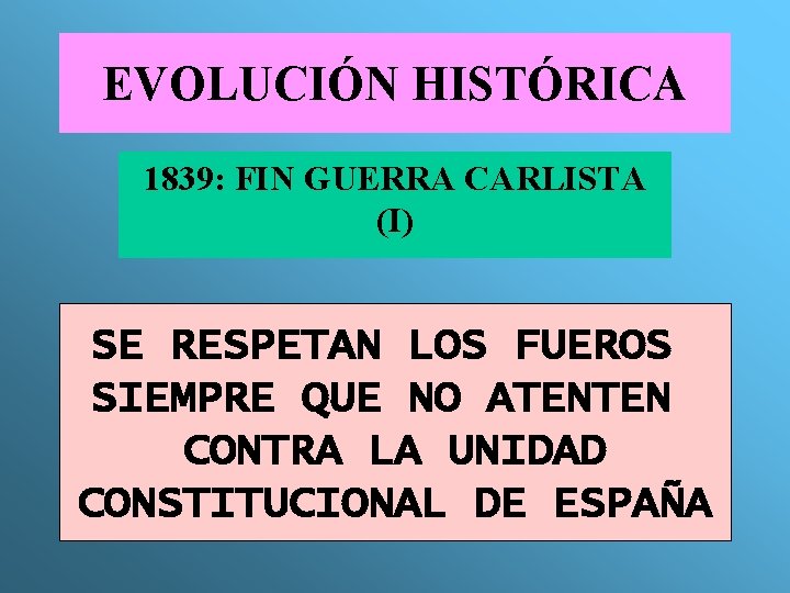 EVOLUCIÓN HISTÓRICA 1839: FIN GUERRA CARLISTA (I) SE RESPETAN LOS FUEROS SIEMPRE QUE NO