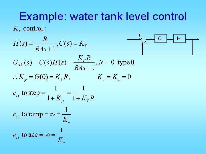 Example: water tank level control + - C H 