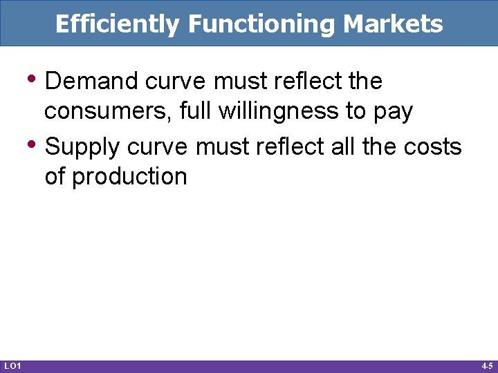 Efficiently Functioning Markets • Demand curve must reflect the • LO 1 consumers, full