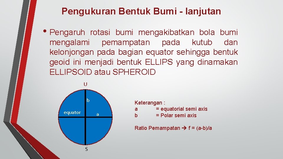 Pengukuran Bentuk Bumi - lanjutan • Pengaruh rotasi bumi mengakibatkan bola bumi mengalami pemampatan