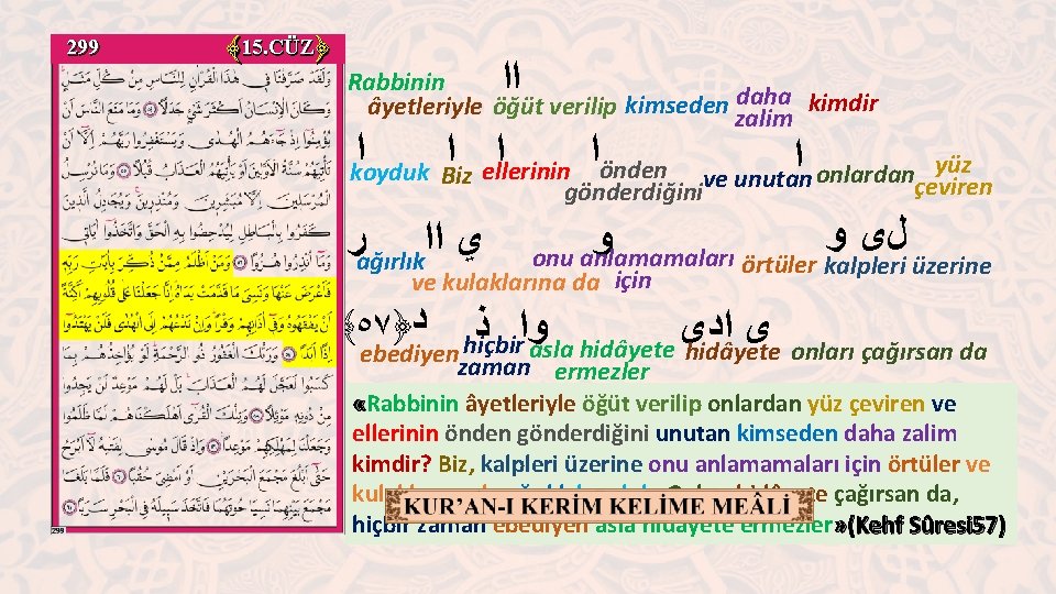 299 ﴾ 15. CÜZ﴿ ﺍﺍ Rabbinin daha kimdir âyetleriyle öğüt verilip kimseden zalim ﺍ