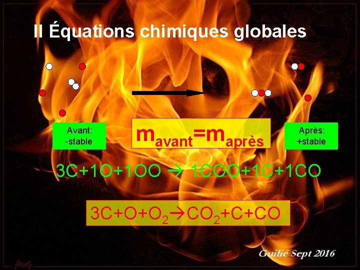 II Équations chimiques globales Avant: -stable mavant=maprès Après: +stable 3 C+1 O+1 OO 1