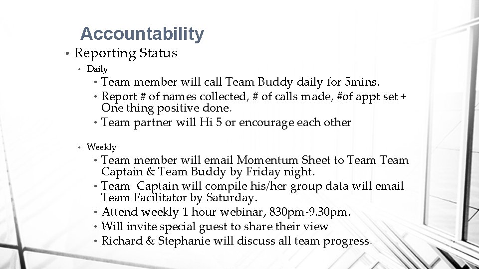 Accountability • Reporting Status • Daily Team member will call Team Buddy daily for