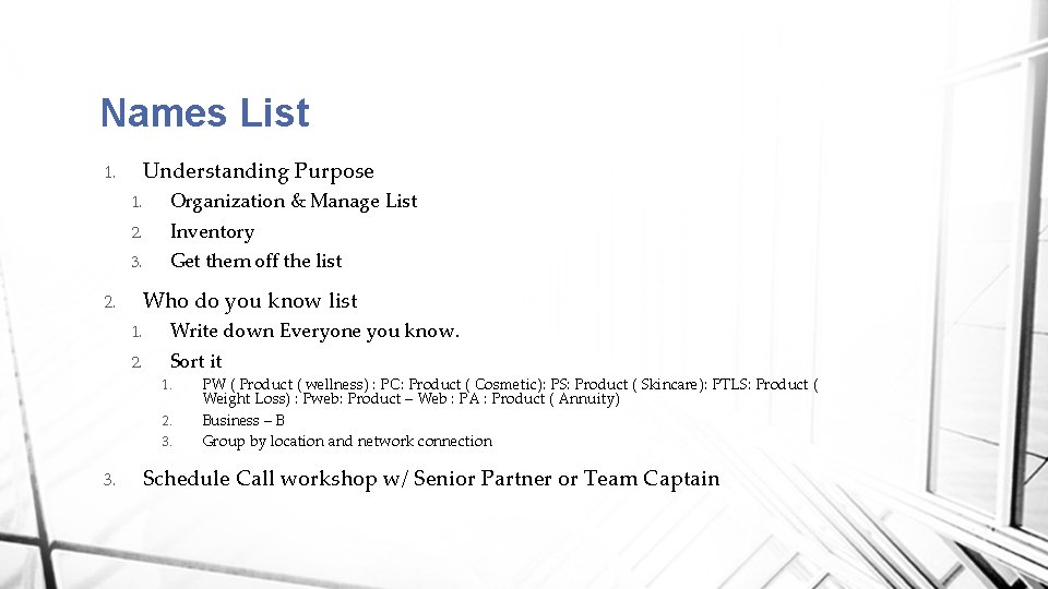 Names List 1. 2. Understanding Purpose 1. Organization & Manage List 2. Inventory 3.