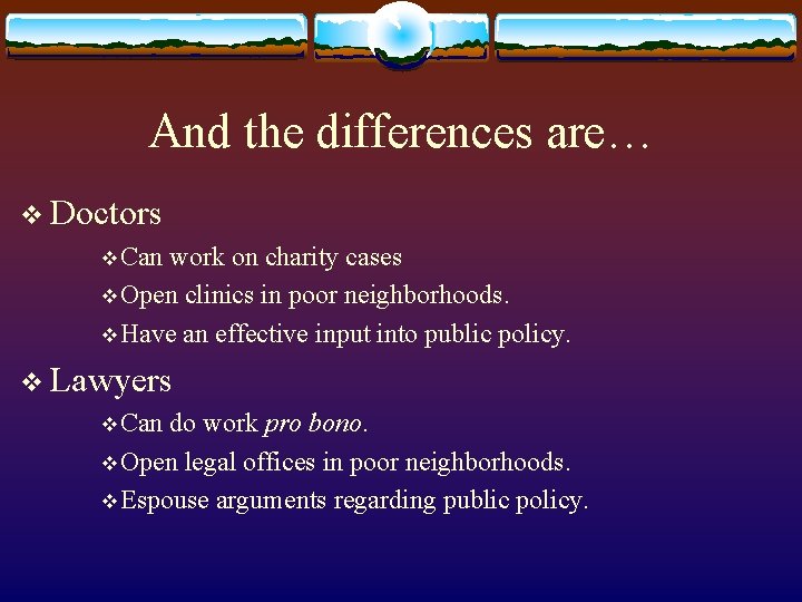 And the differences are… v Doctors v Can work on charity cases v Open