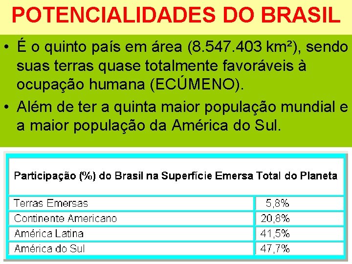 POTENCIALIDADES DO BRASIL • É o quinto país em área (8. 547. 403 km²),