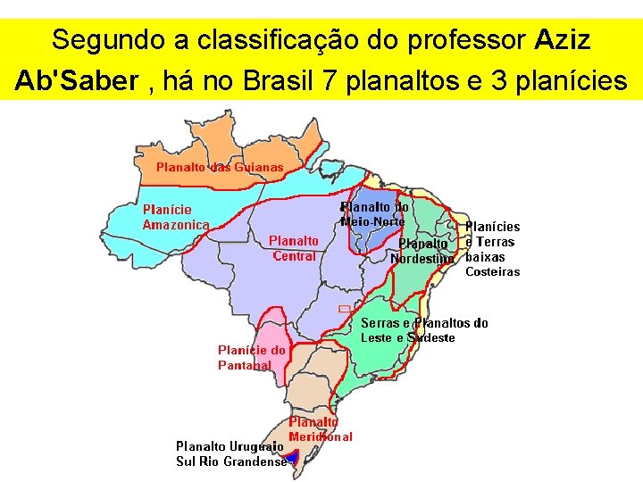 Segundo a classificação do professor Aziz Ab'Saber , há no Brasil 7 planaltos e