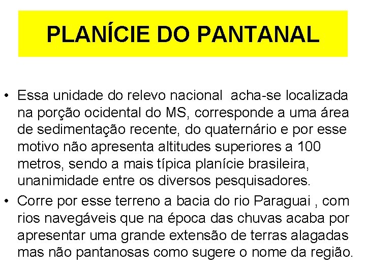 PLANÍCIE DO PANTANAL • Essa unidade do relevo nacional acha-se localizada na porção ocidental