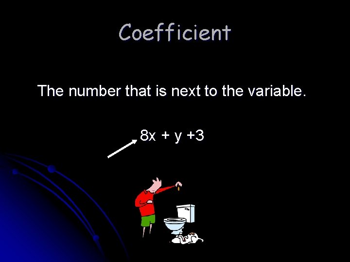 Coefficient The number that is next to the variable. 8 x + y +3