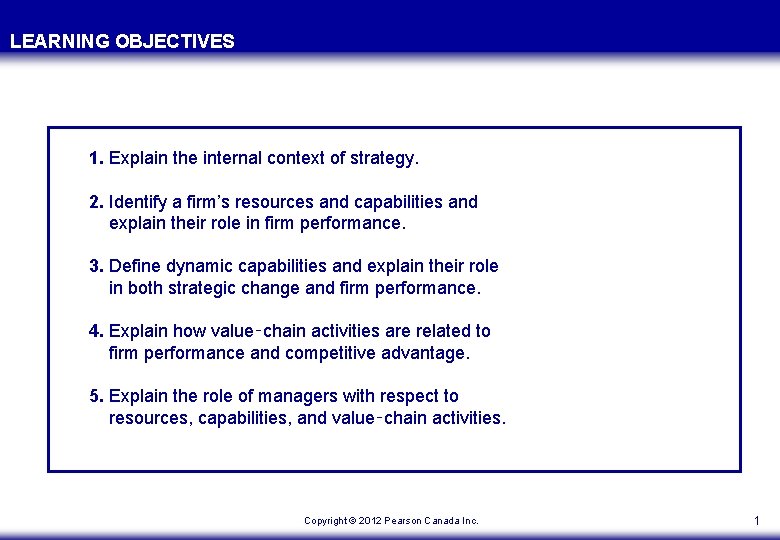 LEARNING OBJECTIVES 1. Explain the internal context of strategy. 2. Identify a firm’s resources