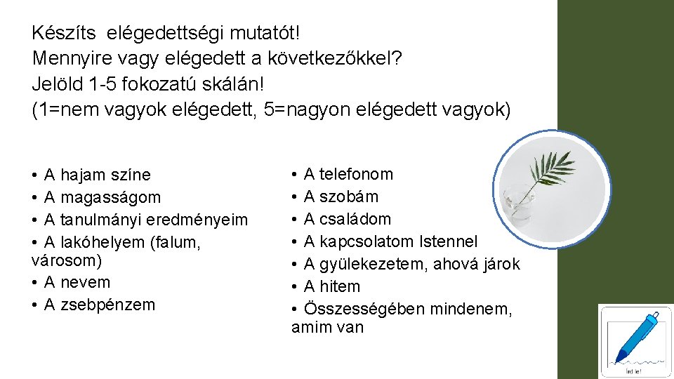 Készíts elégedettségi mutatót! Mennyire vagy elégedett a következőkkel? Jelöld 1 -5 fokozatú skálán! (1=nem