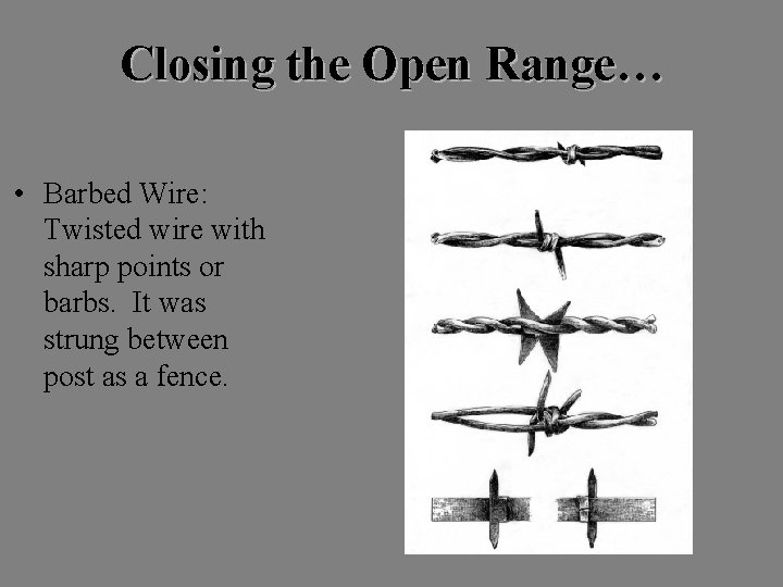 Closing the Open Range… • Barbed Wire: Twisted wire with sharp points or barbs.