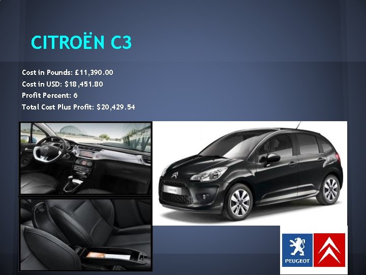 CITROËN C 3 Cost in Pounds: £ 11, 390. 00 Cost in USD: $18,