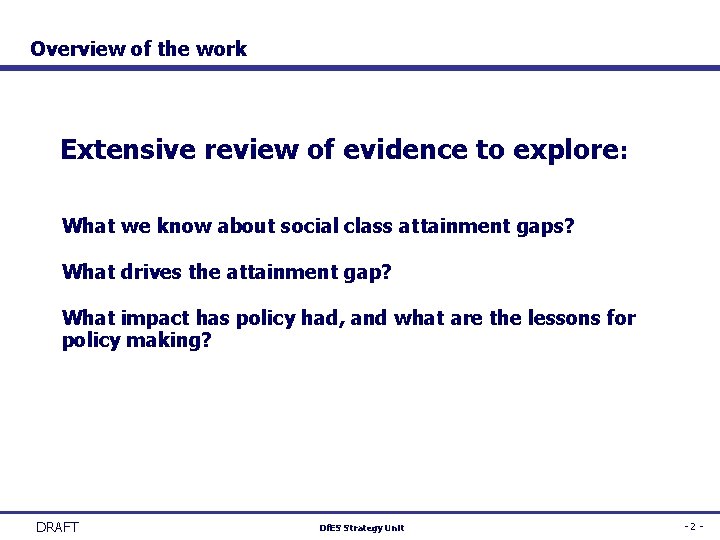 Overview of the work Extensive review of evidence to explore: What we know about