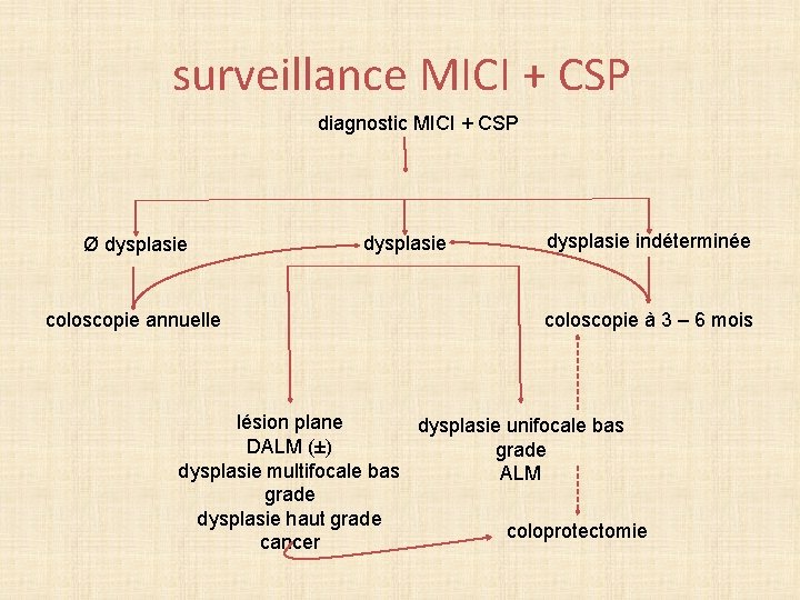surveillance MICI + CSP diagnostic MICI + CSP Ø dysplasie coloscopie annuelle dysplasie indéterminée