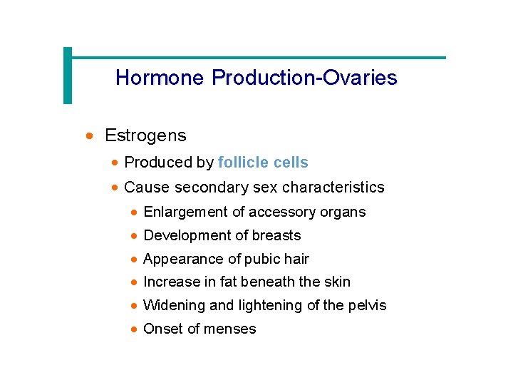 Hormone Production-Ovaries · Estrogens · Produced by follicle cells · Cause secondary sex characteristics