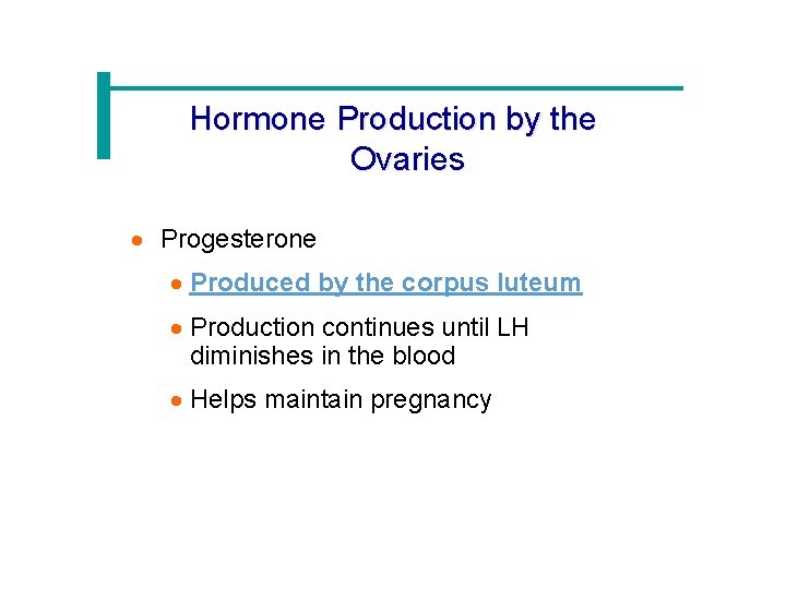 Hormone Production by the Ovaries · Progesterone · Produced by the corpus luteum ·