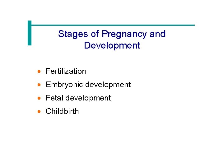 Stages of Pregnancy and Development · Fertilization · Embryonic development · Fetal development ·