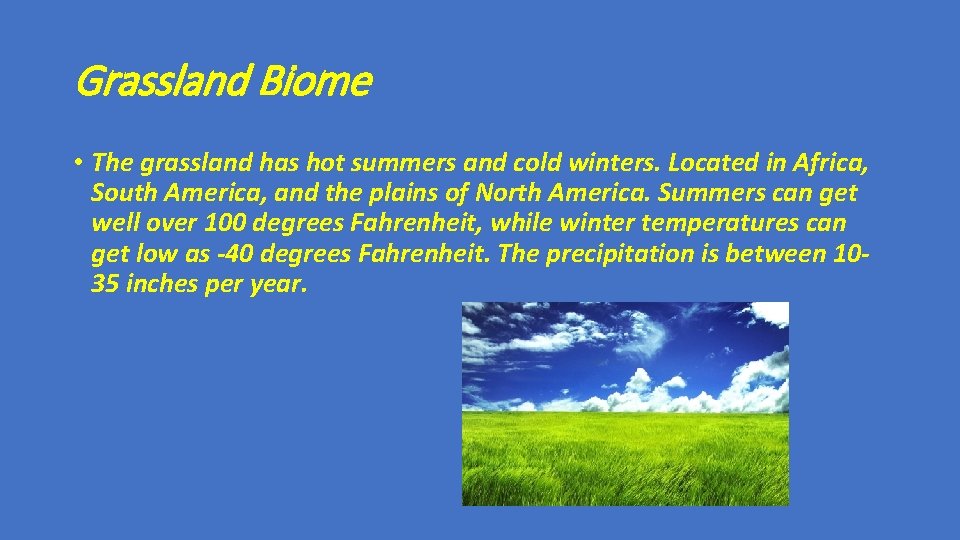 Grassland Biome • The grassland has hot summers and cold winters. Located in Africa,
