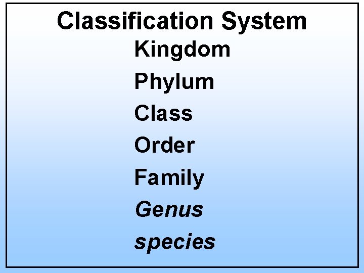 Classification System Kingdom Phylum Class Order Family Genus species 