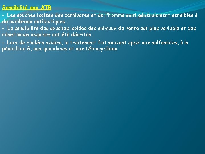 Sensibilité aux ATB - Les souches isolées des carnivores et de l'homme sont généralement