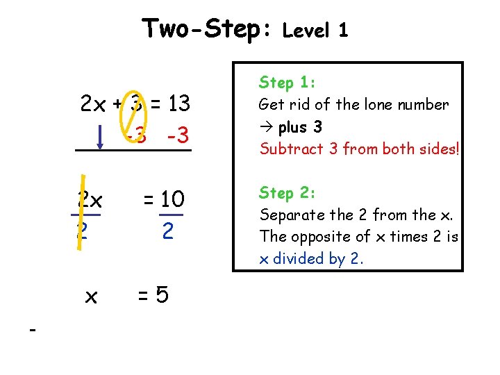 Two-Step: 2 x + 3 = 13 -3 -3 2 x 2 x =