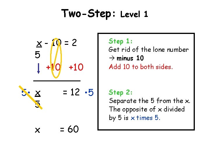 Two-Step: x - 10 = 2 5 +10 5 • x 5 x =