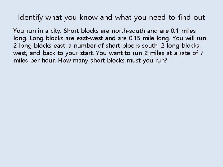 Identify what you know and what you need to find out You run in