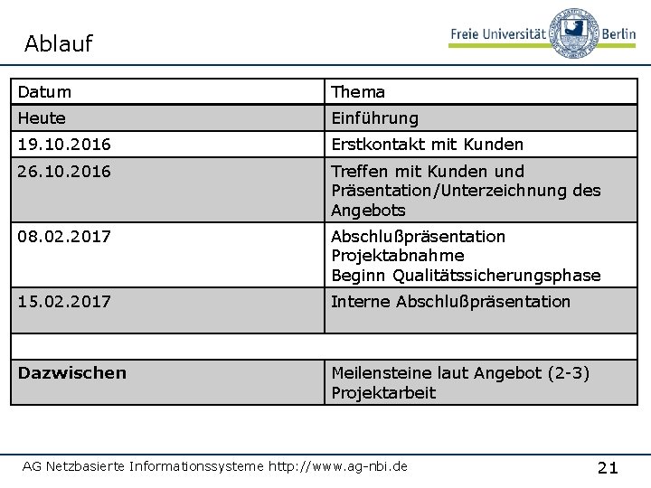 Ablauf Datum Thema Heute Einführung 19. 10. 2016 Erstkontakt mit Kunden 26. 10. 2016