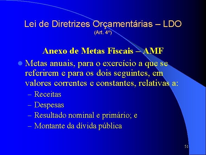 Lei de Diretrizes Orçamentárias – LDO (Art. 4º) Anexo de Metas Fiscais – AMF