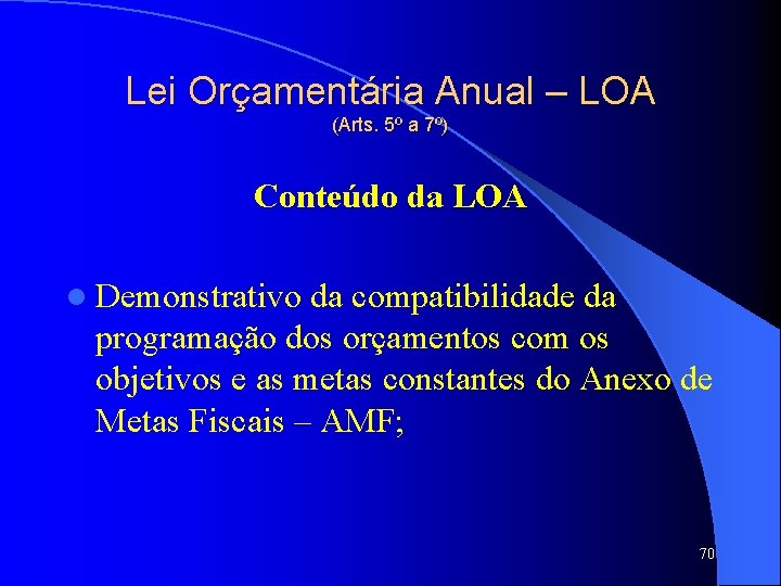 Lei Orçamentária Anual – LOA (Arts. 5º a 7º) Conteúdo da LOA l Demonstrativo