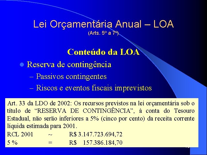 Lei Orçamentária Anual – LOA (Arts. 5º a 7º) Conteúdo da LOA l Reserva