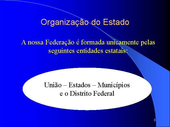 Organização do Estado A nossa Federação é formada unicamente pelas seguintes entidades estatais: União