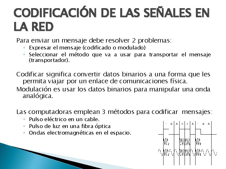 CODIFICACIÓN DE LAS SEÑALES EN LA RED Para enviar un mensaje debe resolver 2