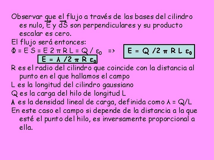 Observar que el flujo a través de las bases del cilindro es nulo, E Observar que el flujo a través de las bases del cilindro es nulo, E