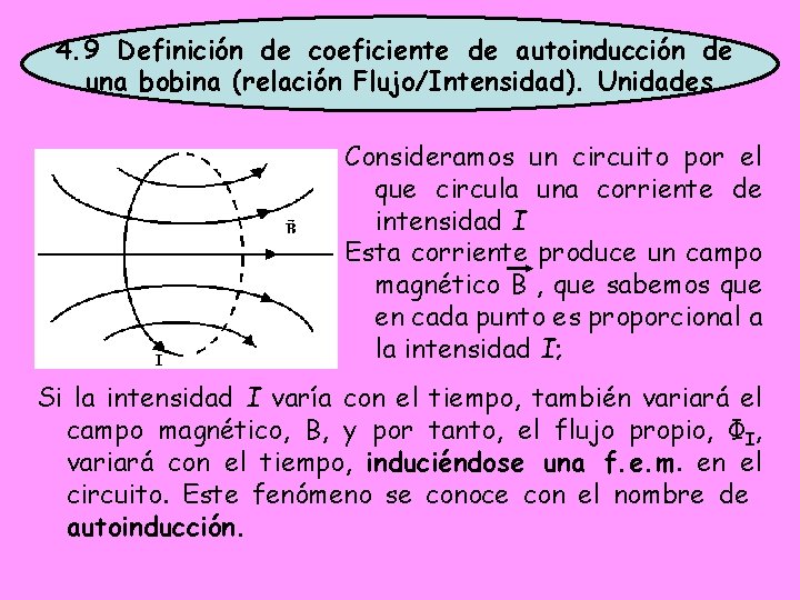 4. 9 Definición de coeficiente de autoinducción de una bobina (relación Flujo/Intensidad). Unidades Consideramos 4. 9 Definición de coeficiente de autoinducción de una bobina (relación Flujo/Intensidad). Unidades Consideramos