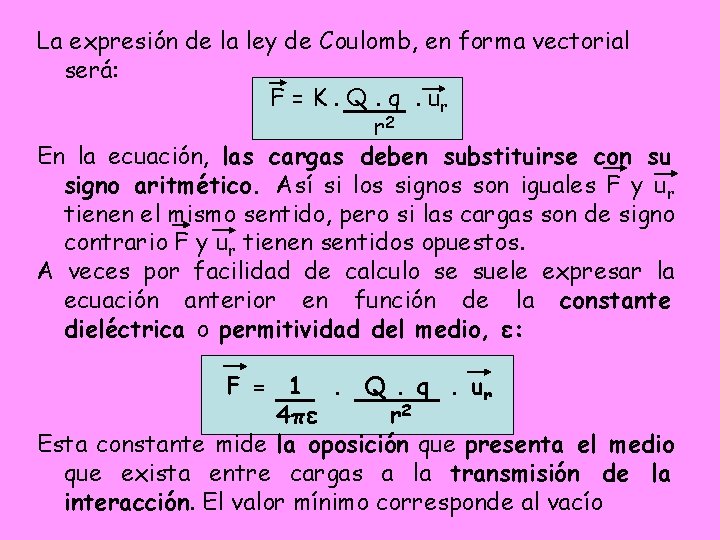 La expresión de la ley de Coulomb, en forma vectorial será: F = K. La expresión de la ley de Coulomb, en forma vectorial será: F = K.