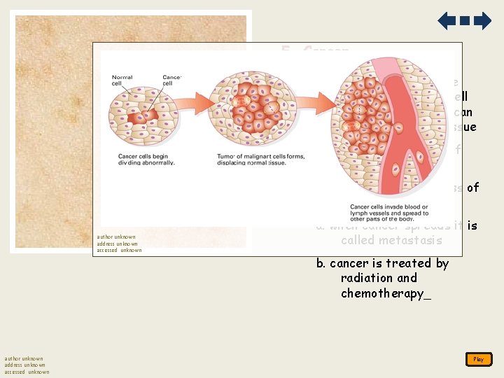 E. Cancer 1. Tumours (cancers) are the result of uncontrolled cell division and that