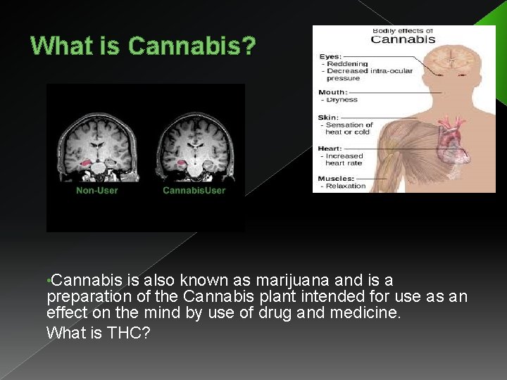 What is Cannabis? • Cannabis is also known as marijuana and is a preparation