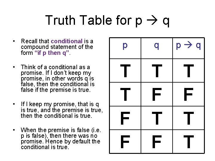 Truth Table for p q • Recall that conditional is a compound statement of