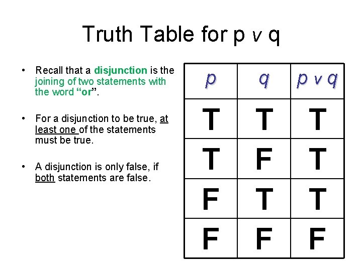 Truth Table for p v q • Recall that a disjunction is the joining