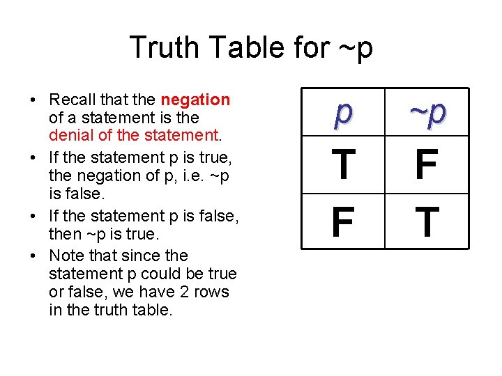 Truth Table for ~p • Recall that the negation of a statement is the