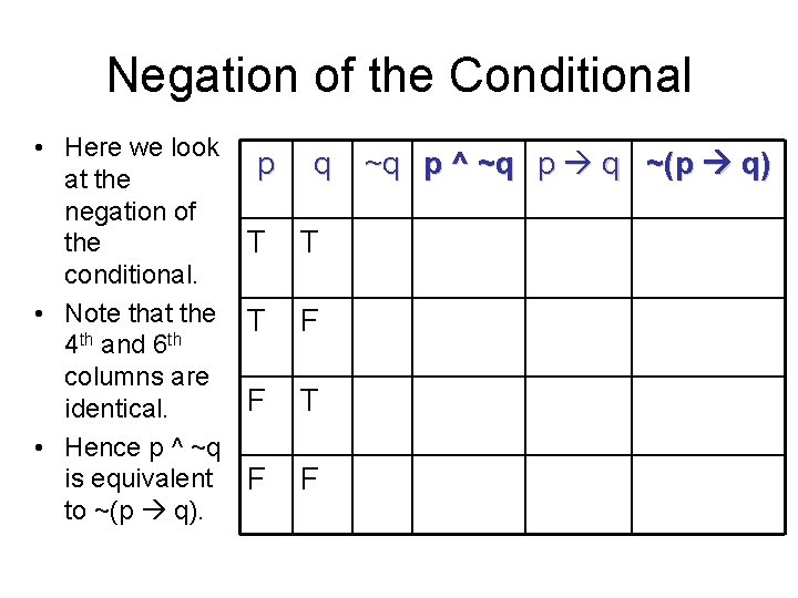 Negation of the Conditional • Here we look at the negation of the conditional.