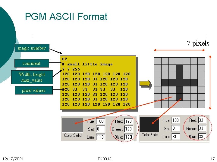 PGM ASCII Format 7 pixels magic number comment Width, height max_value pixel values 12/17/2021