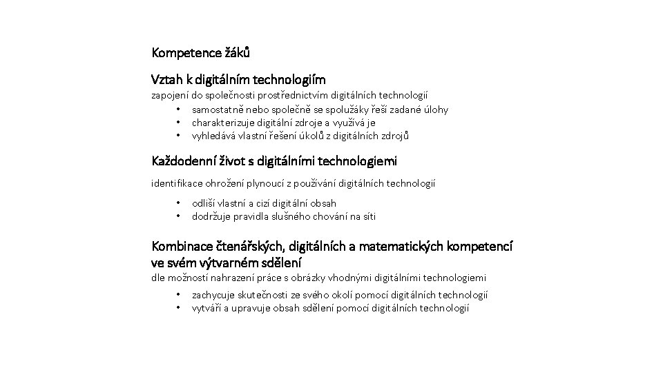 Kompetence žáků Vztah k digitálním technologiím zapojení do společnosti prostřednictvím digitálních technologií • samostatně