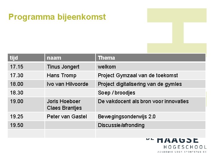 Programma bijeenkomst tijd naam Thema 17. 15 Tinus Jongert welkom 17. 30 Hans Tromp