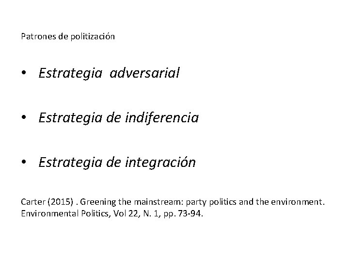 Patrones de politización • Estrategia adversarial • Estrategia de indiferencia • Estrategia de integración